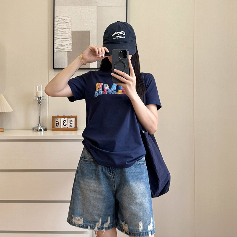 夏季胖mm短袖女宽松显瘦大码遮胯彩色字母印花凉感T恤外穿百搭潮