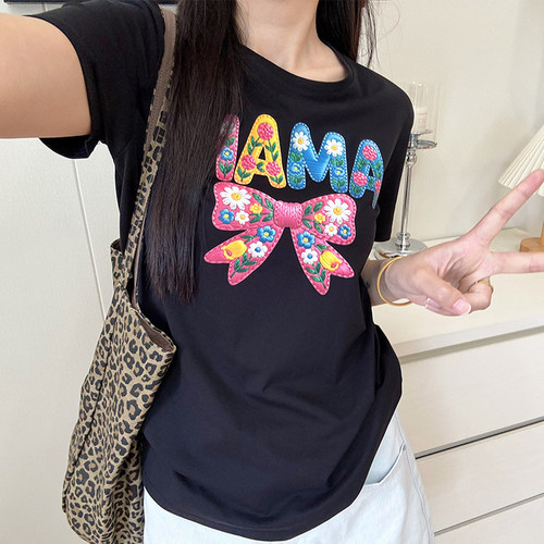 COCO微胖mm短袖T恤女夏季宽松显瘦大码遮肚蝴蝶结印花上衣ins潮
