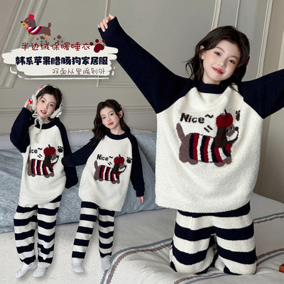 2025新款冬季保暖儿童家居服可爱小狗图案亲子舒适睡衣