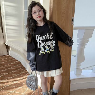 2025新款春夏季女童假两件T恤杏色半身裙时尚百搭潮