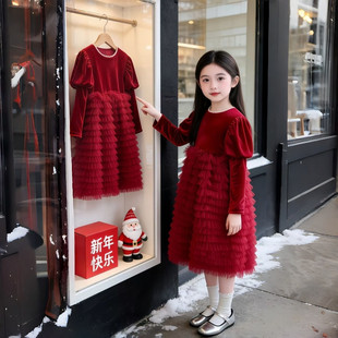 2025新款冬季女童红色加绒连衣裙送头纱公主裙过年礼服裙子