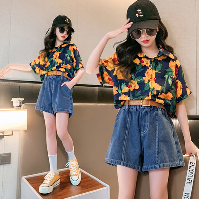 沐汐家 2026新款夏季时尚童装女童花色衬衫牛仔短裤洋气百搭