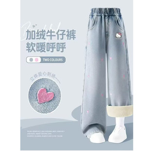 凯奇猫桃心绣花牛仔裤