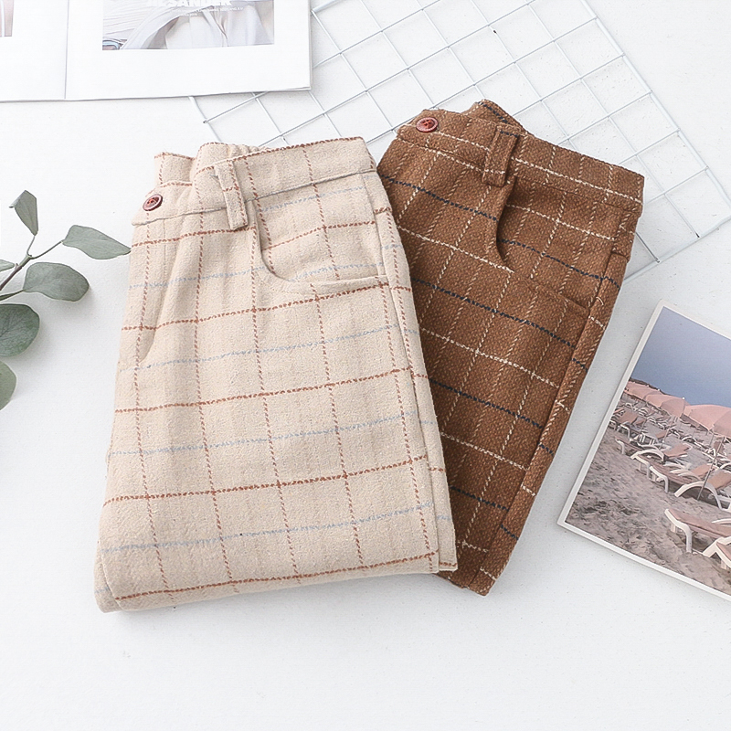 韩版小脚裤毛呢格子九分裤