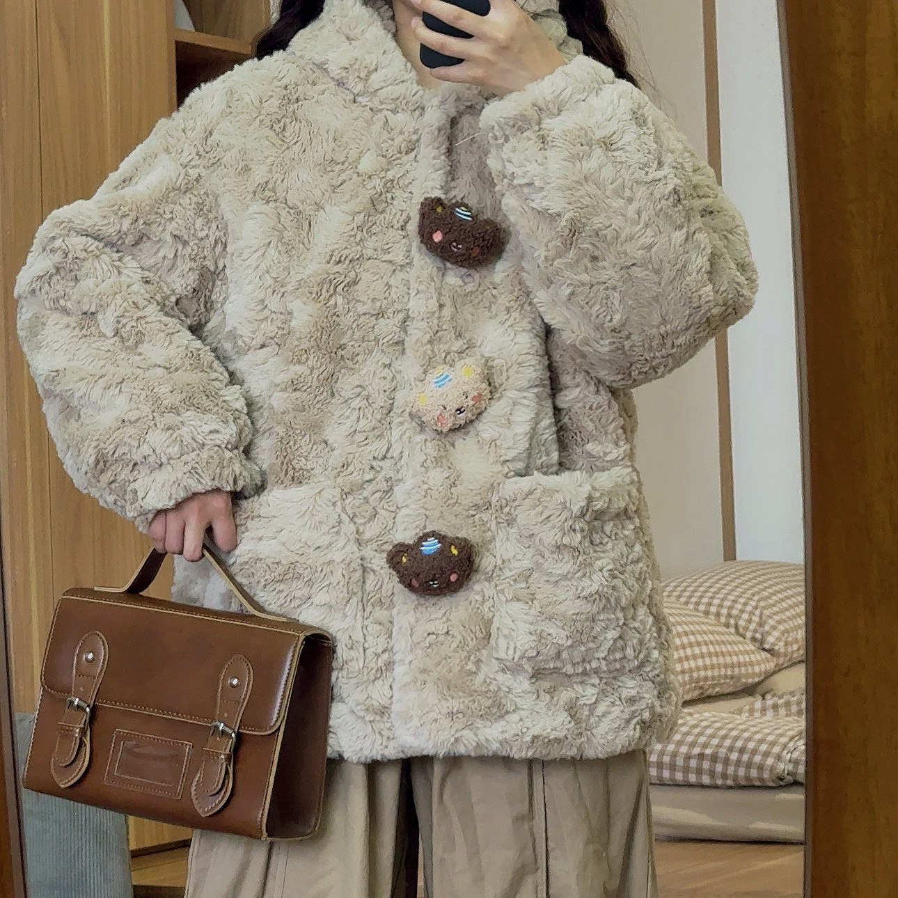 日系软妹小个子可爱小熊连帽毛绒外套女冬学生减龄毛茸茸保暖棉服