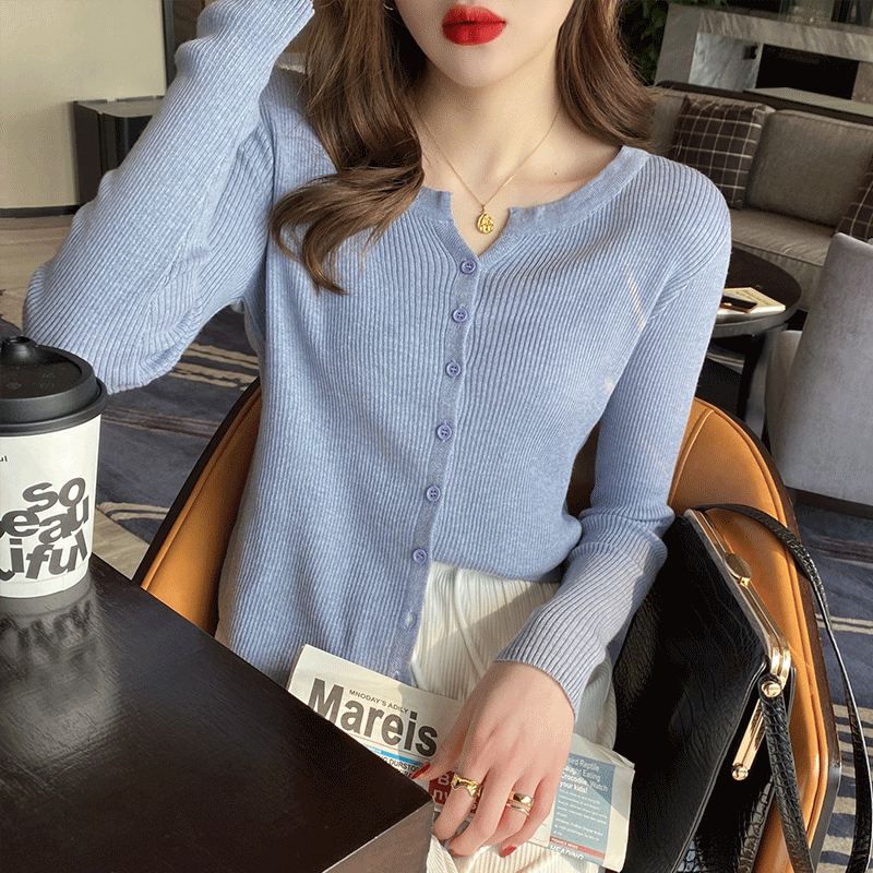 针织毛衣女长袖开衫外套V领上衣