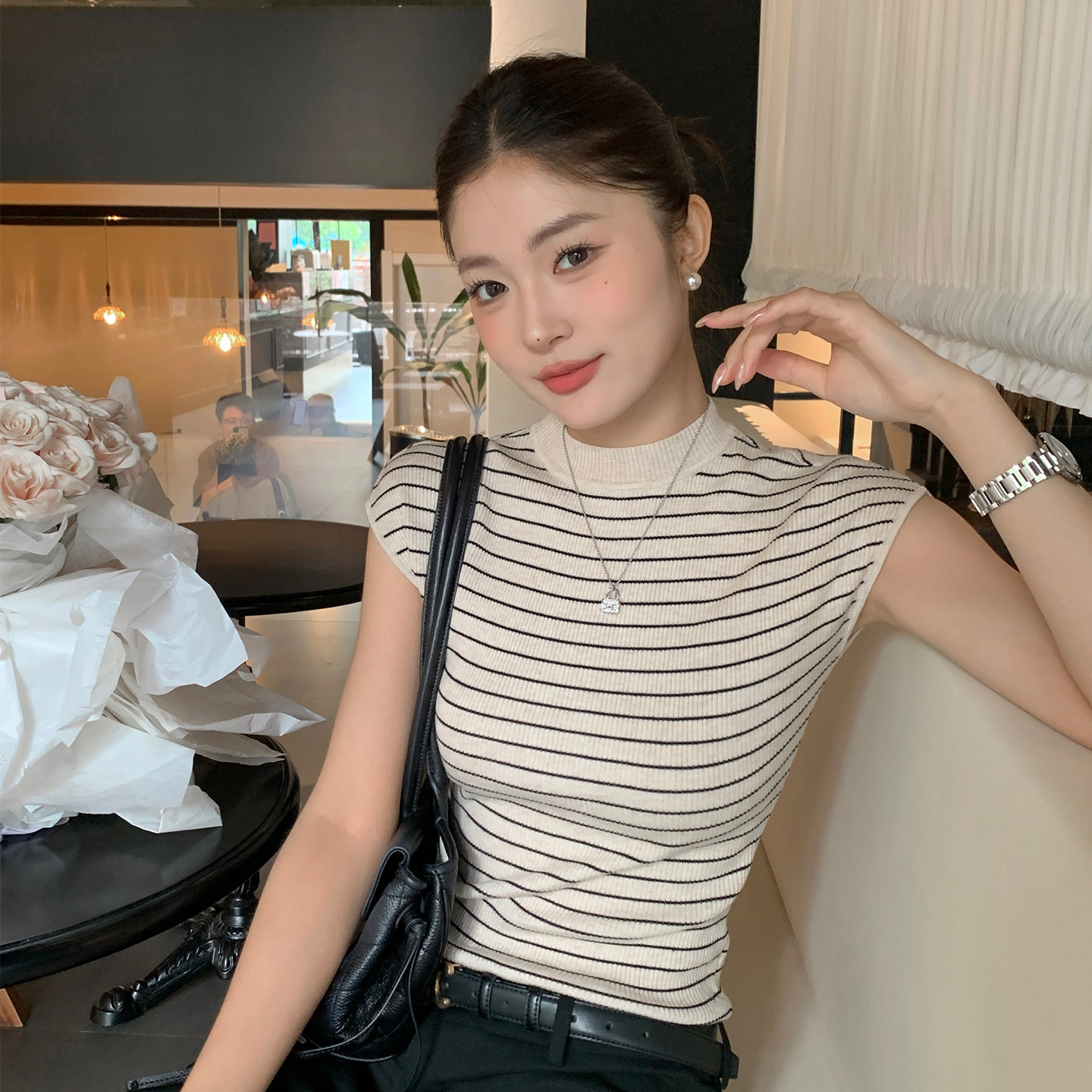 龙妹杏色条纹立领针织短袖T恤女2026夏季新款小飞袖韩系穿搭上衣