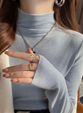 雾蓝色半高领打底衫女2026新款秋冬季高级感中领内搭加绒德绒上衣