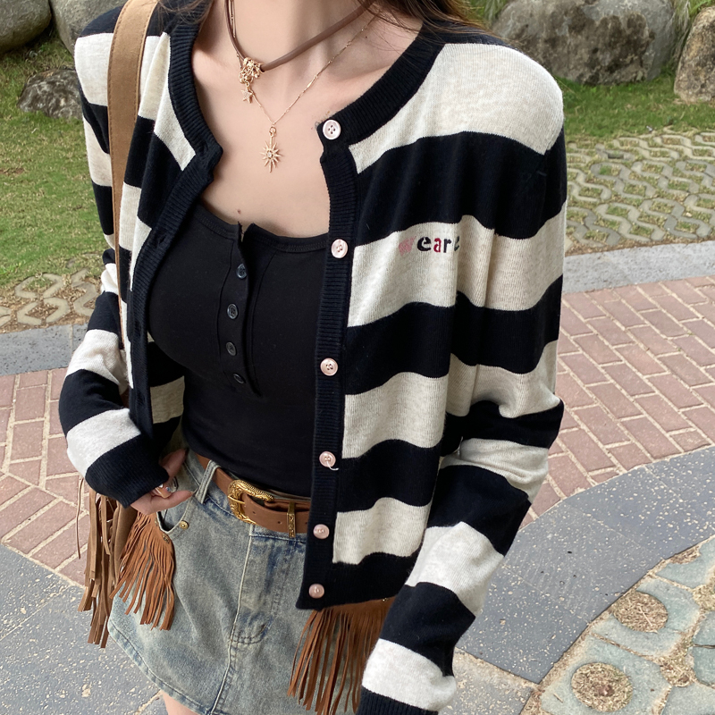 条纹针织衫外套女薄款