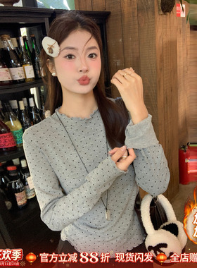 灰色加绒波点打底衫女士保暖内搭2025冬季新款长袖T恤木耳边上衣