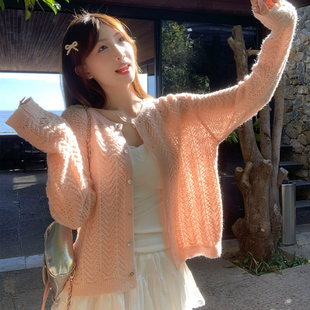 龙妹粉色羊毛针织开衫外套女外穿2026新款早春气质薄款防晒小上衣