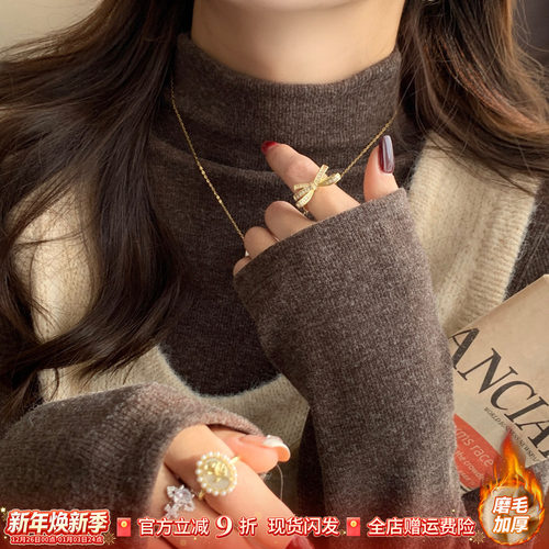 磨毛半高领休闲长袖T恤女