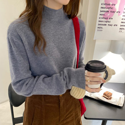 灰色半高领中长款打底衫女内搭2025秋冬新款气质毛衣修身针织上衣