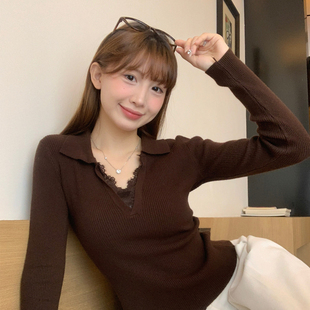 龙妹家V领蕾丝针织打底衫毛衣女装内搭2025新款冬季韩系翻领上衣