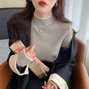 黑白条纹针织半高领打底衫女装内搭2025秋冬新款毛衣长袖春秋上衣
