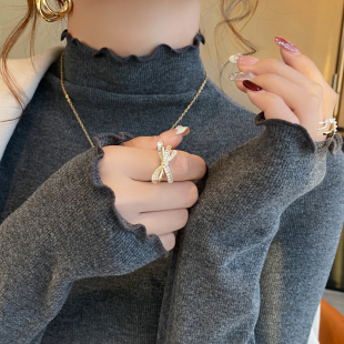 深灰色木耳花边半高领磨毛加绒打底衫女士内搭春秋高级感中领上衣