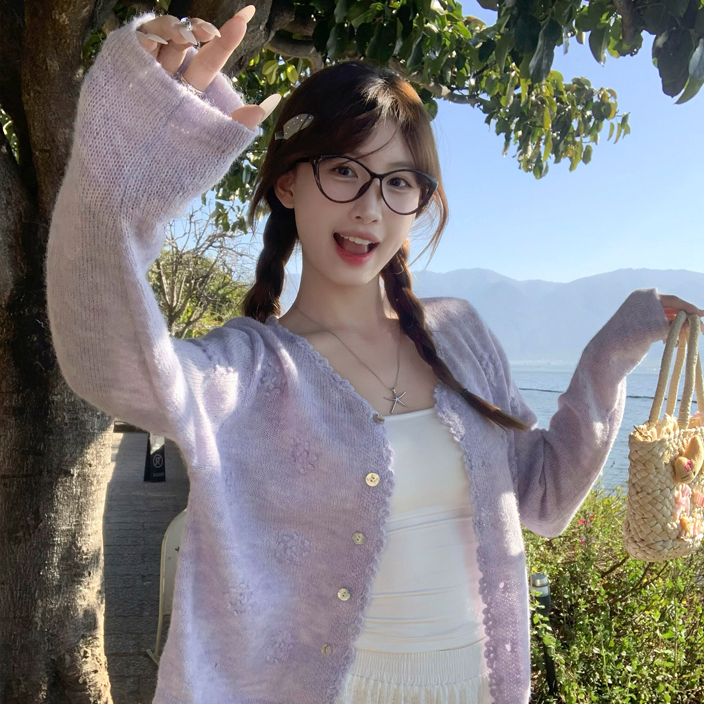 龙妹家紫色羊毛针织开衫外套女外穿2026春夏新款薄款防晒罩衫上衣