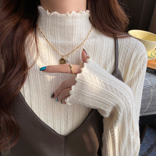 白色针织半高领木耳边打底衫女内搭长袖上衣2025秋冬新款中领毛衣