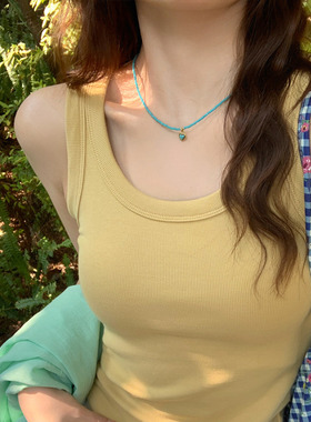 黄色纯棉工字吊带小背心女内搭外穿夏秋新款漂亮不带胸垫打底上衣