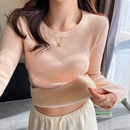 毛衣一体绒上衣 新款 粉色圆领加绒加厚针织打底衫 女内搭保暖秋冬季