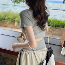 灰色小众设计感短袖T恤女2025夏新款独特漂亮修身短款露背小上衣
