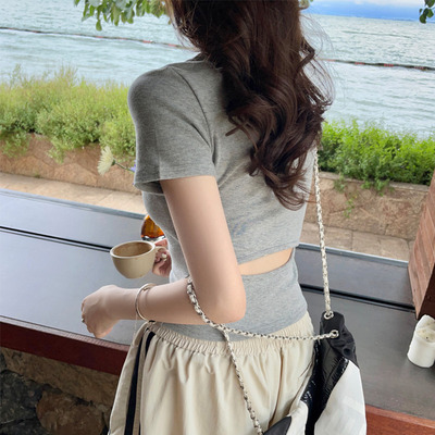 辣妹镂空正肩短袖T恤女