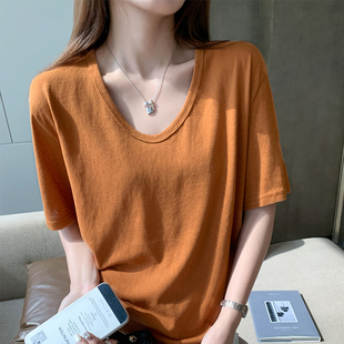 龙妹家南瓜橘V领宽松短袖T恤女2026春夏新款慵懒松弛冰丝棉麻上衣