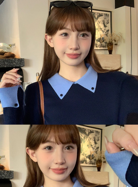 龙妹家藏蓝色POLO领毛衣打底衫女内搭2025新款秋冬假两件针织上衣