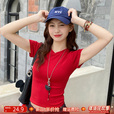 春夏红色修身显瘦正肩短袖T恤女