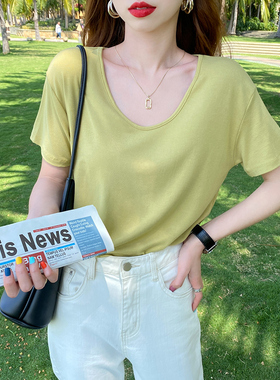 绿色莫代尔短袖面膜t恤女装2026春夏新款宽松胖mm遮肚V领冰丝上衣