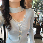 新款 蓝色挂脖上衣V领蕾丝打底衫 女秋冬季 毛衣内搭设计感镂空针织