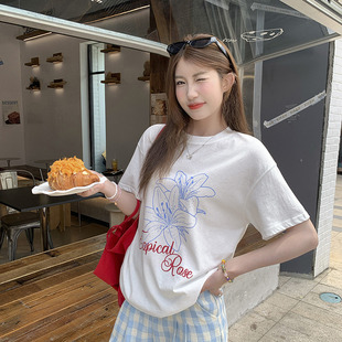 T恤女2025夏新款 龙妹家白色圆领印花短袖 慵懒风冰丝棉麻宽松上衣
