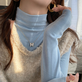 浅蓝色内搭磨毛半高领加绒打底衫 2026冬高级白色德绒好看上衣 女装