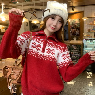 针织上衣 新款 龙妹家加绒加厚费尔岛红色毛衣女内搭打底衫 2025冬季