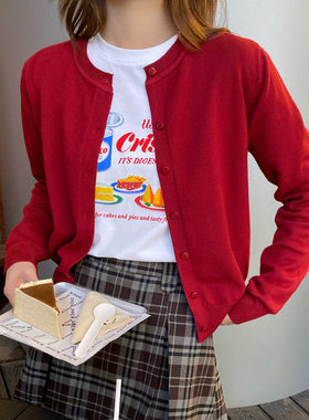 红色针织开衫打底女上衣
