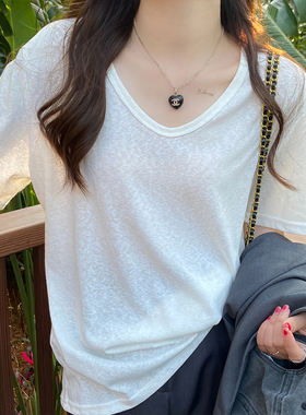 白色棉麻短袖t恤女春夏V领冰丝上衣薄款宽松显瘦正肩体恤2026新款