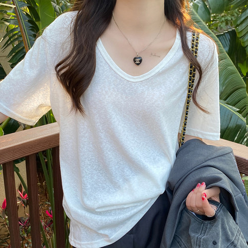 竹节棉短袖T恤女百搭薄款v领
