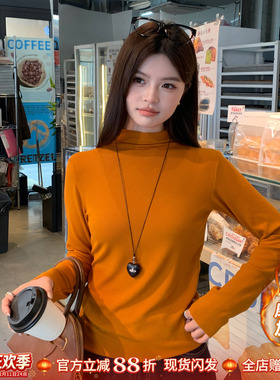 龙妹橙色半高领加绒加厚打底衫女内搭2026冬新款保暖长袖T恤上衣
