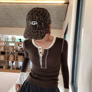 咖色假两件长袖针织衫女内搭2025早秋季新款设计感打底修身小上衣
