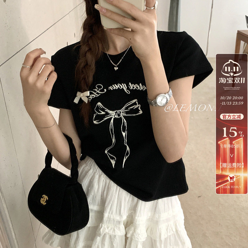 小众短袖T恤女2026夏秋新款小个子蝴蝶结正肩黑色短款漂亮灰上衣