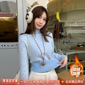 龙妹蓝色波点半高领加绒打底衫 女内搭毛衣2026冬新款 加厚针织上衣