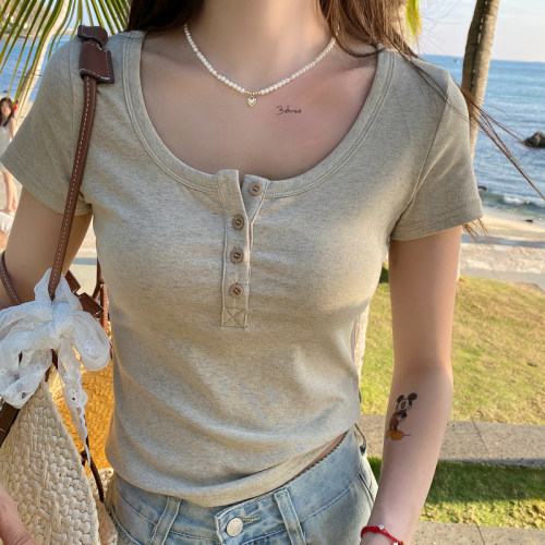 修身纯色短款正肩短袖女