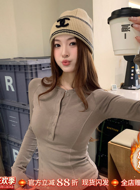 龙妹家咖棕色加绒打底衫女士保暖内搭2025冬新款T恤修身长袖上衣