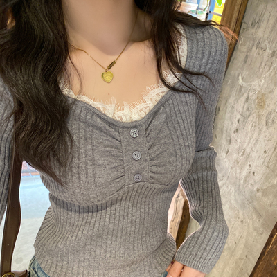 V领蕾丝针织打底衫女内搭设计感