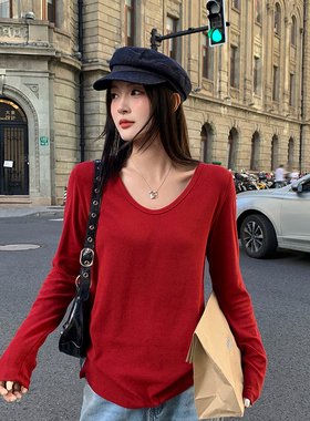 龙妹家红色V领长袖T恤女内搭2026春秋新款打底衫独特巨好看小上衣