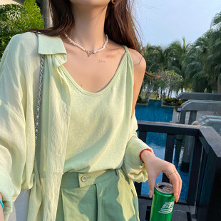 寬松冰絲外穿打底上衣 薄荷淺綠色棉麻吊帶小背心女內(nèi)搭2025夏大碼