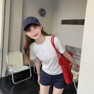 显瘦小上衣 龙妹家杏色正肩圆领短袖 T恤女2025夏季 新款 高级感修身