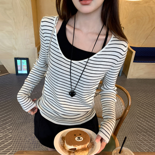 龙妹黑白条纹假两件针织衫女外穿2026春夏新款高级感修身打底上衣