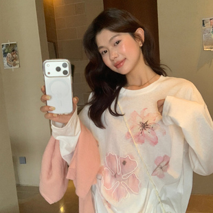 龙妹家白色印花防晒长袖T恤女外穿2026夏季新款宽松上衣打底罩衫