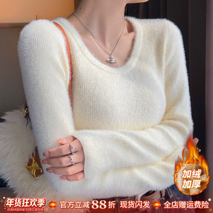 加绒加厚圆领毛衣女秋冬季保暖2025新款白色修身针织内搭打底上衣